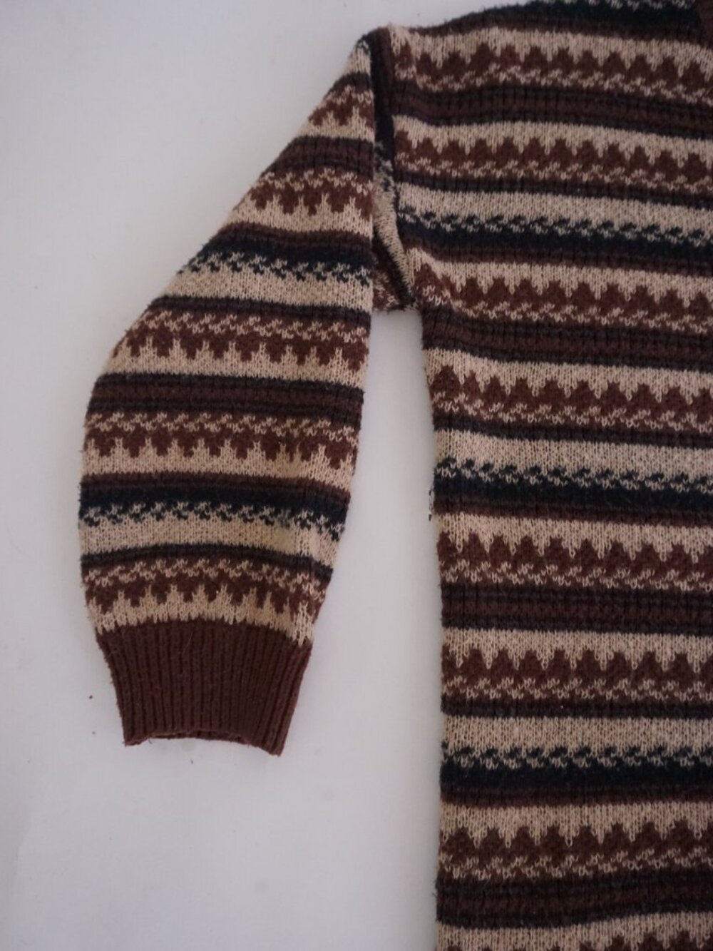 Vintage Brown Cream Nordic Fair Isle Stripe Fisherman Cabin Knit Sweater L - Picture 9 of 10